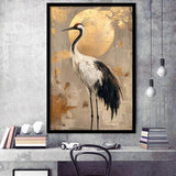 Golden Moon And Elegant Bird Wall Art, Moonlit Crane Art Print, Moonlight Asian Home Decor, Framed Art Print, Fine Art Wall Decor