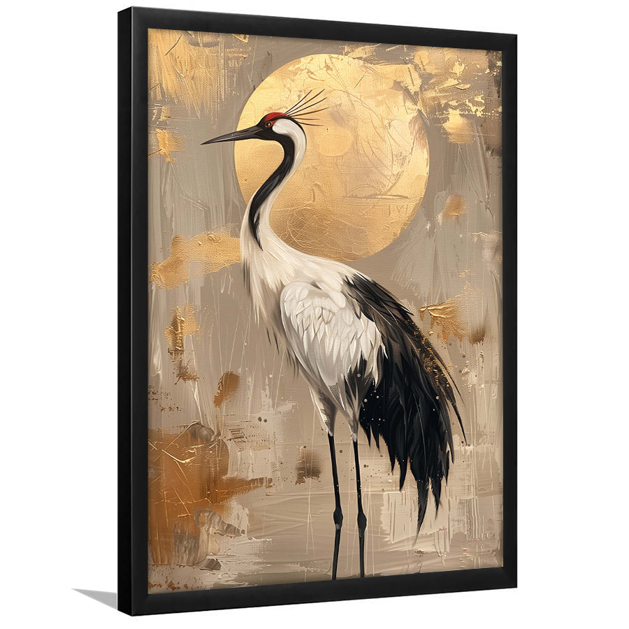 Golden Moon And Elegant Bird Wall Art, Moonlit Crane Art Print, Moonlight Asian Home Decor, Framed Art Print, Fine Art Wall Decor