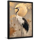 Golden Moon And Elegant Bird Wall Art, Moonlit Crane Art Print, Moonlight Asian Home Decor, Framed Art Print, Fine Art Wall Decor