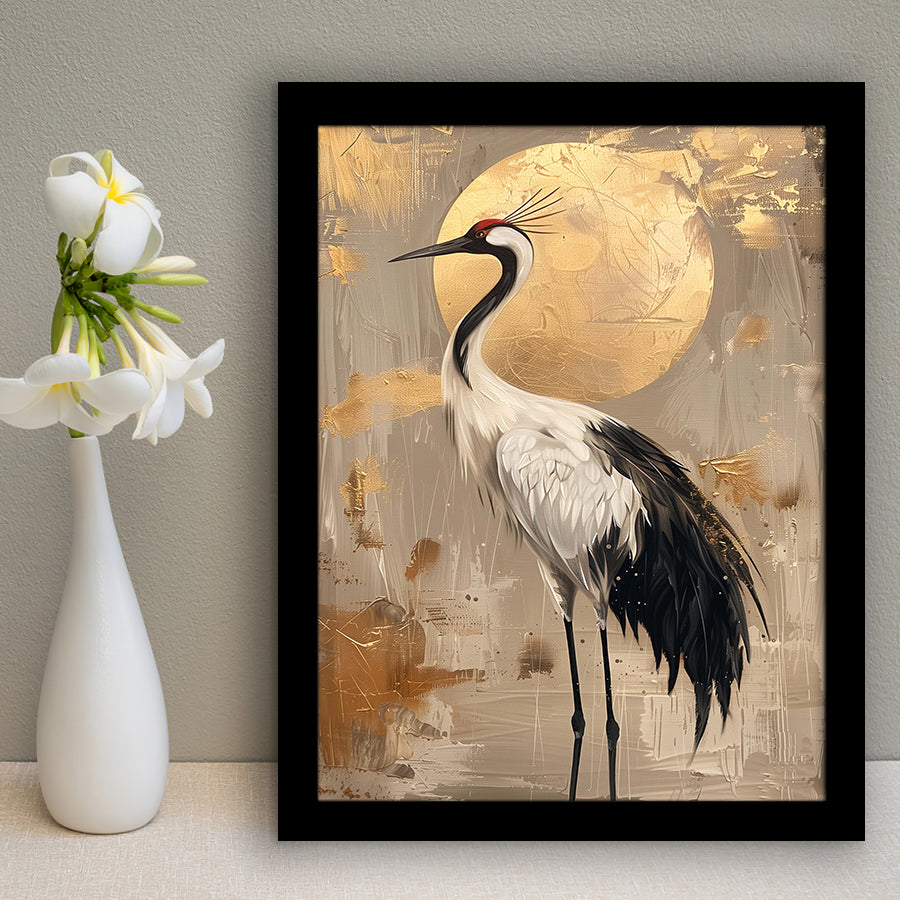 Golden Moon And Elegant Bird Wall Art, Moonlit Crane Art Print, Moonlight Asian Home Decor, Framed Art Print, Fine Art Wall Decor