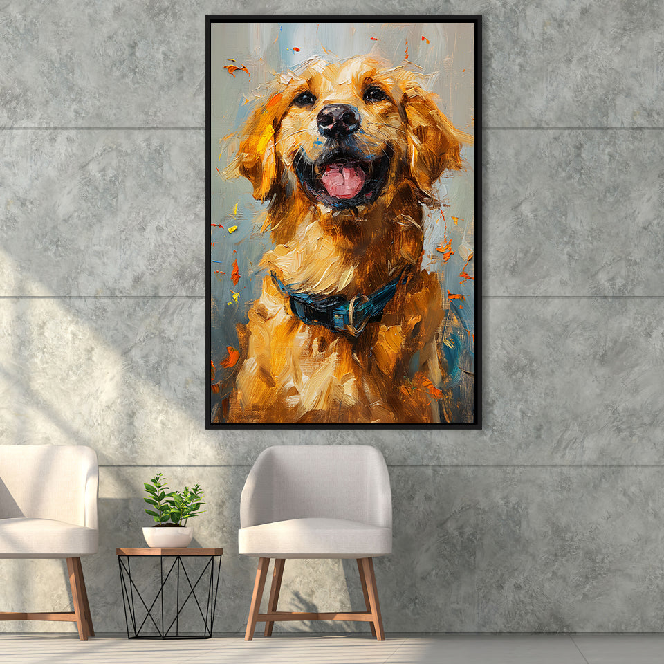 Golden Retriever Acrylic Painting Portrait Art, Framed Canvas Prints Wall Art Decor, Floating Frame