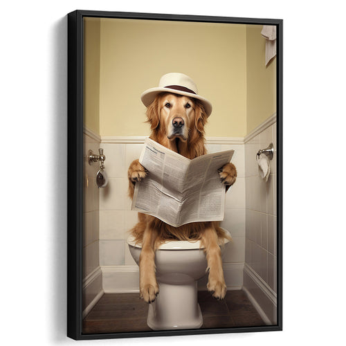 Golden Retriever Art Framed Canvas Prints Wall Art, Funny Bathroom Decor, Dog In Toilet