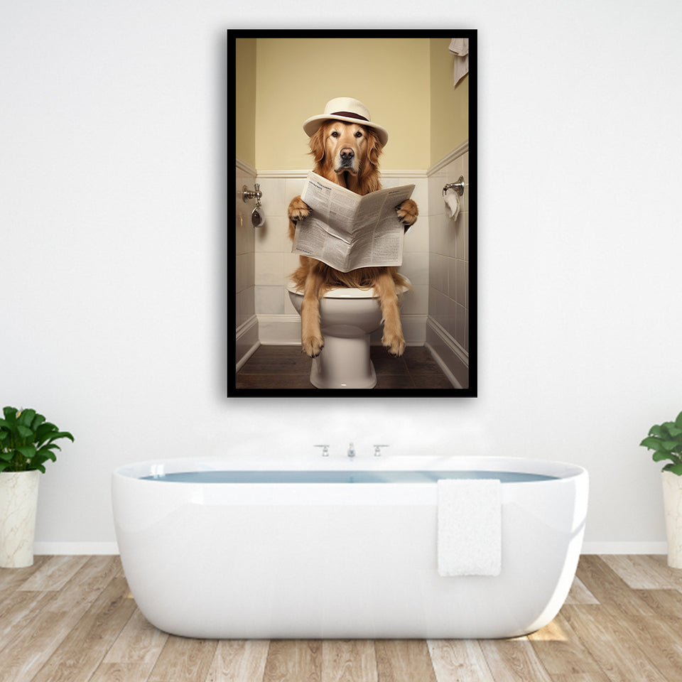 Golden Retriever Art Framed Art Print Wall Decor, Funny Bathroom Decor, Dog In Toilet