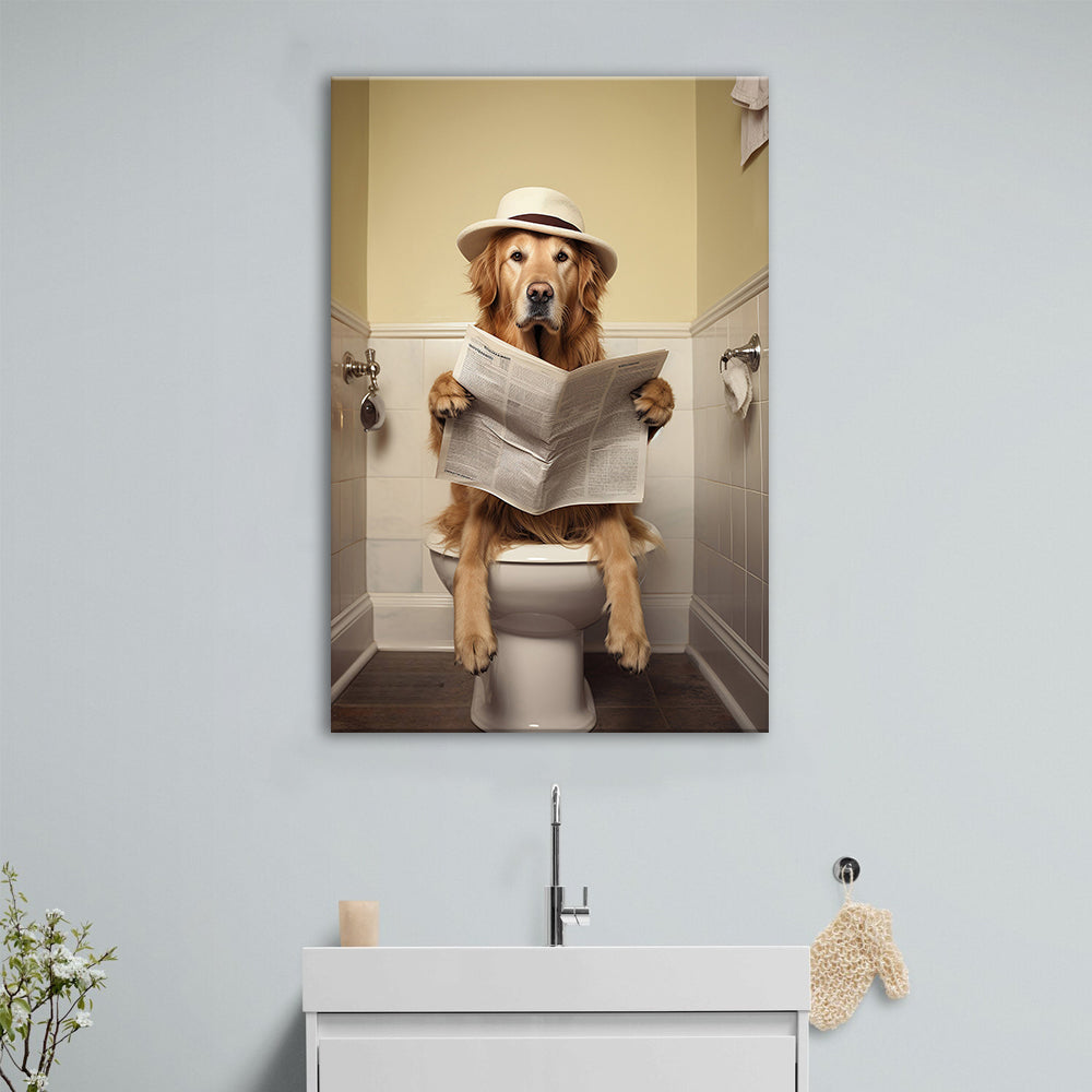 Tableau Toile : Golden Retriever Lisant Sur Les Toilettes - Art Mural Humoristique - Neuf