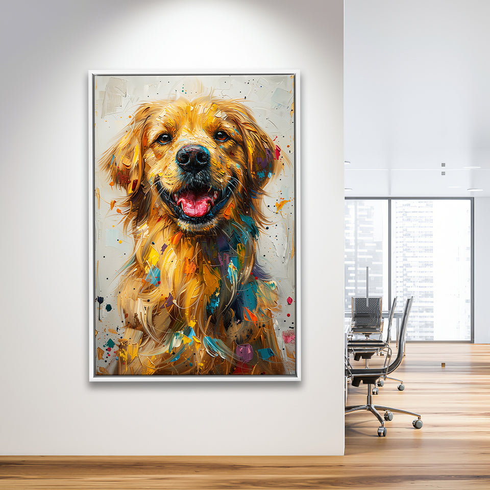 Golden Retriever Cute Dog Portrait Painting, Framed Canvas Prints Wall Art Decor, Floating Frame