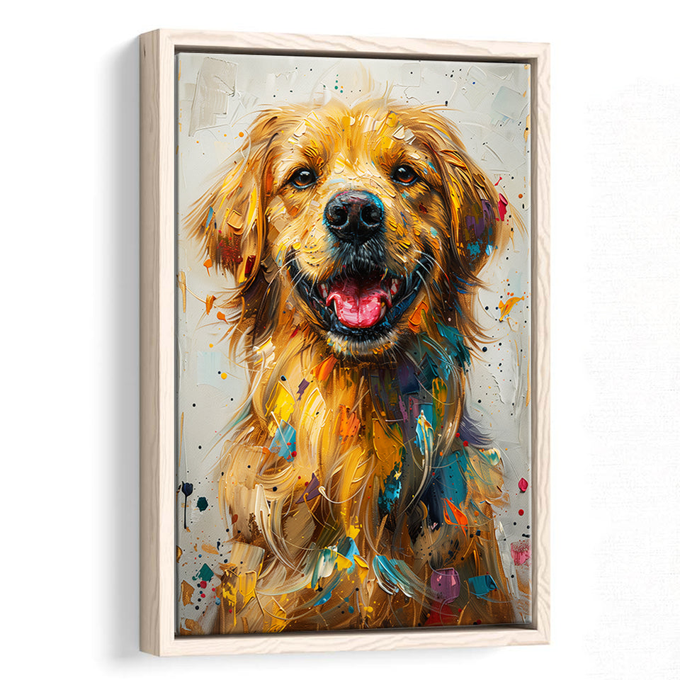 Golden Retriever Cute Dog Portrait Painting, Framed Canvas Prints Wall Art Decor, Floating Frame