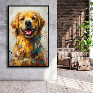 Golden Retriever Cute Dog Portrait Painting, Framed Canvas Prints Wall Art Decor, Floating Frame