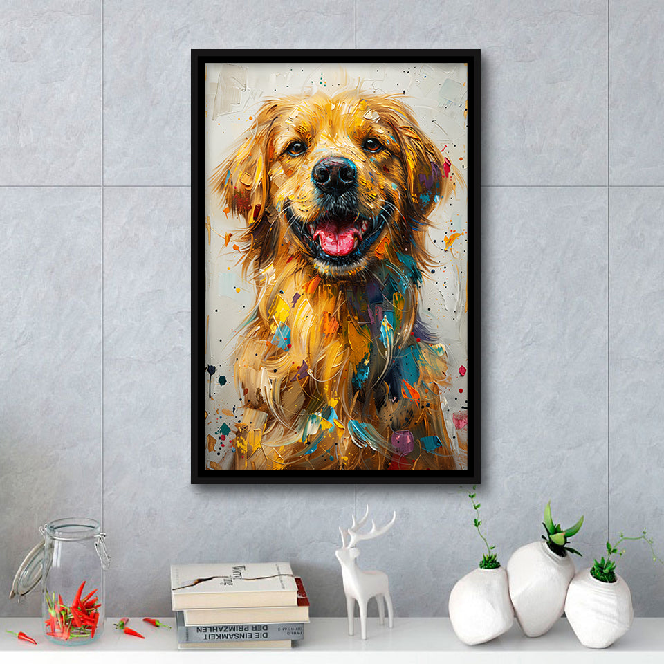 Golden Retriever Cute Dog Portrait Painting, Framed Canvas Prints Wall Art Decor, Floating Frame