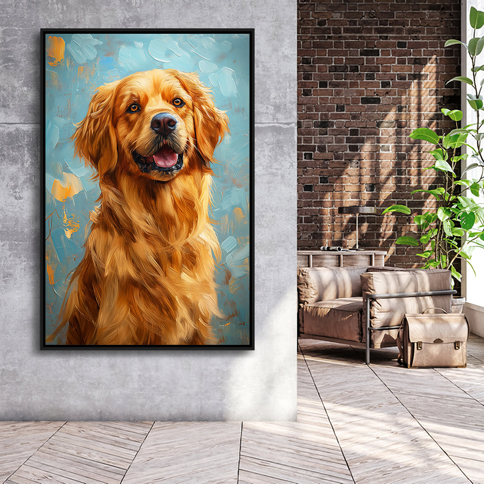 Golden Retriever Dog Portrait Painting Art, Framed Canvas Prints Wall Art Decor, Floating Frame