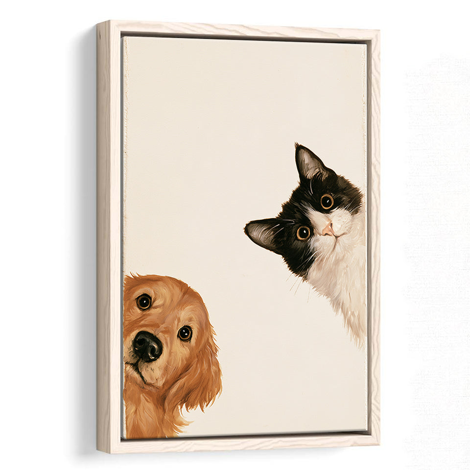 Golden Retriever And Cat Funny Portrait Art, Pet Lover Painting Art, Kid Room Decor, Framed Canvas Print, Floating Frame