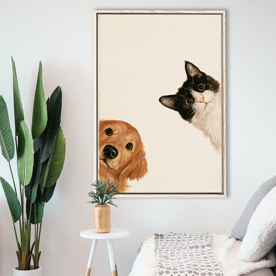 Golden Retriever And Cat Funny Portrait Art, Pet Lover Painting Art, Kid Room Decor, Framed Canvas Print, Floating Frame