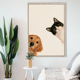 Golden Retriever And Cat Funny Portrait Art, Pet Lover Painting Art, Kid Room Decor, Framed Canvas Print, Floating Frame