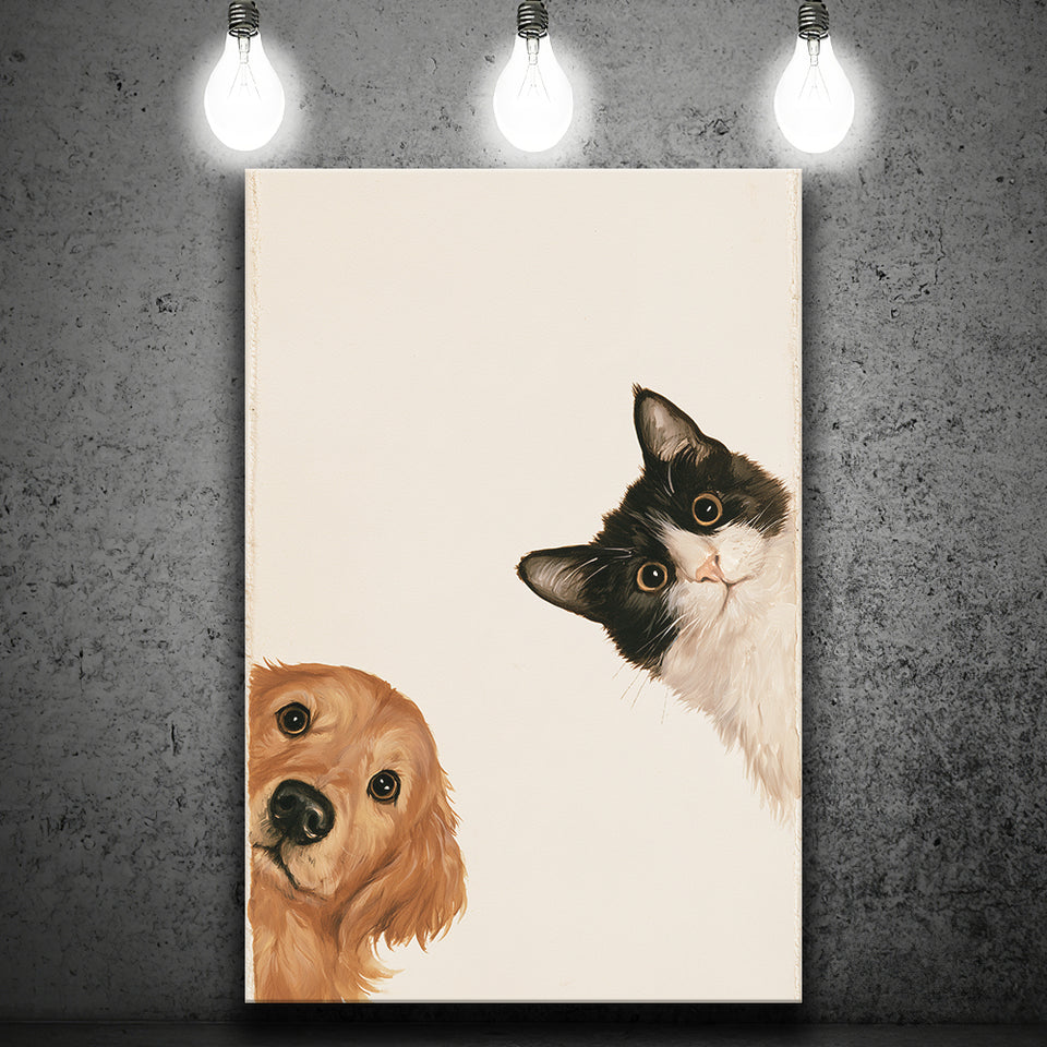 Golden Retriever And Cat Funny Portrait Art, Pet Lover Painting Art, Kid Room Decor, Canvas Print Wall Art, Wall Decor