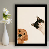 Golden Retriever And Cat Funny Portrait Art, Pet Lover Painting Art, Kid Room Decor, Framed Art Print, Fine Art Wall Decor