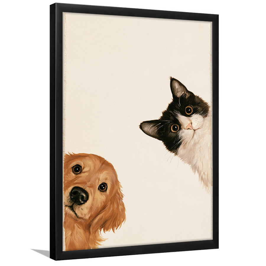 Golden Retriever And Cat Funny Portrait Art, Pet Lover Painting Art, Kid Room Decor, Framed Art Print, Fine Art Wall Decor