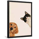 Golden Retriever And Cat Funny Portrait Art, Pet Lover Painting Art, Kid Room Decor, Framed Art Print, Fine Art Wall Decor