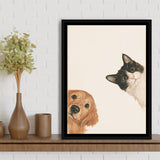 Golden Retriever And Cat Funny Portrait Art, Pet Lover Painting Art, Kid Room Decor, Framed Canvas Print, Floating Frame