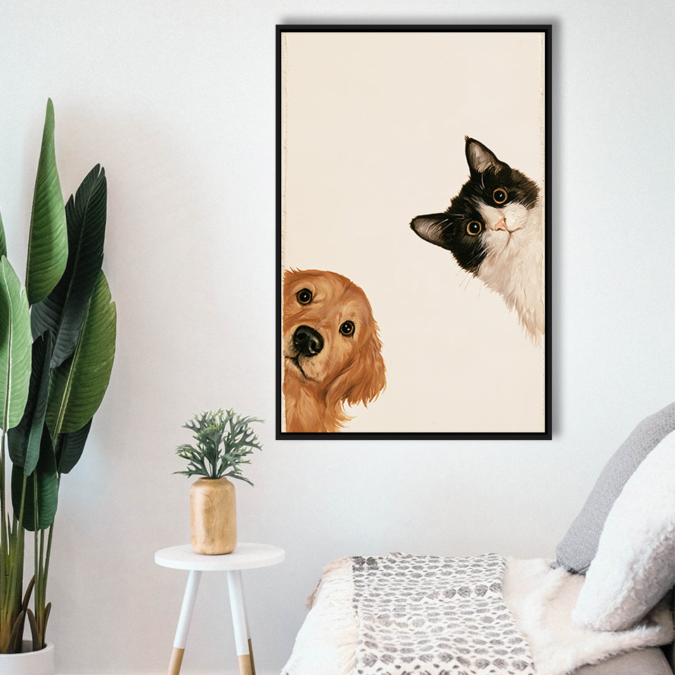Golden Retriever And Cat Funny Portrait Art, Pet Lover Painting Art, Kid Room Decor, Framed Canvas Print, Floating Frame