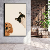 Golden Retriever And Cat Funny Portrait Art, Pet Lover Painting Art, Kid Room Decor, Framed Canvas Print, Floating Frame