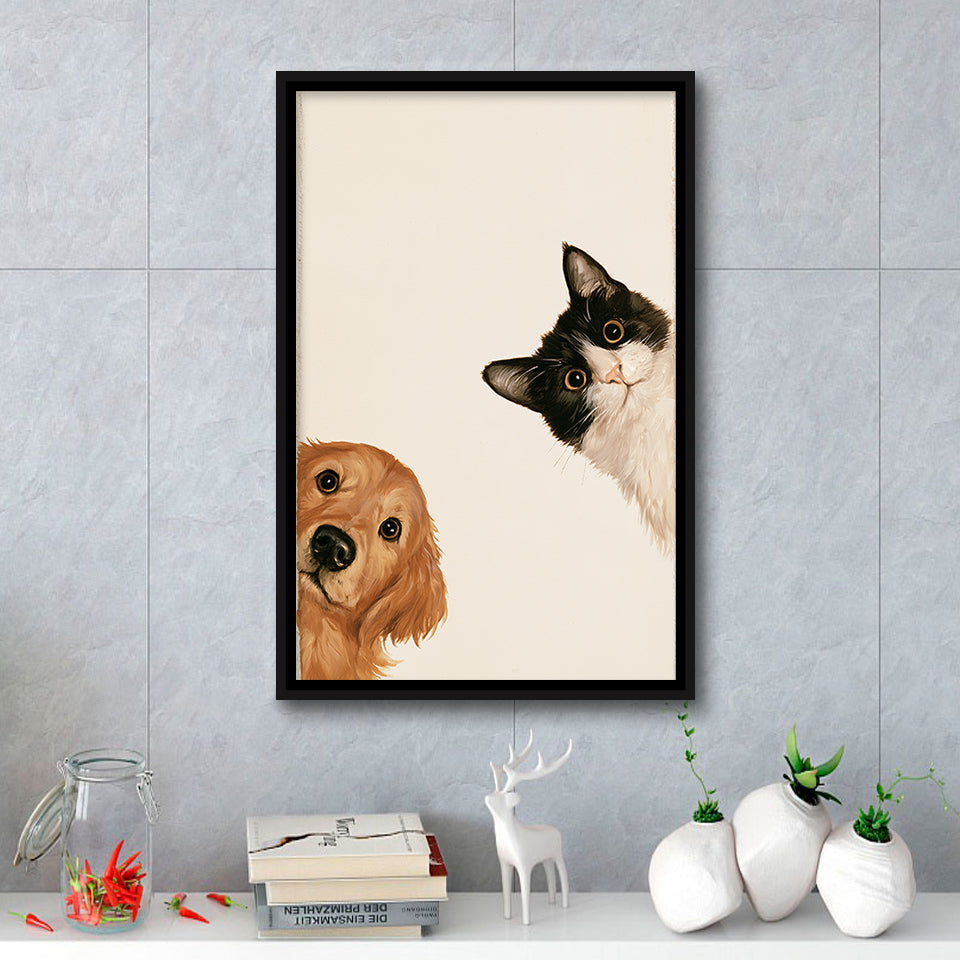 Golden Retriever And Cat Funny Portrait Art, Pet Lover Painting Art, Kid Room Decor, Framed Canvas Print, Floating Frame