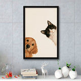 Golden Retriever And Cat Funny Portrait Art, Pet Lover Painting Art, Kid Room Decor, Framed Canvas Print, Floating Frame
