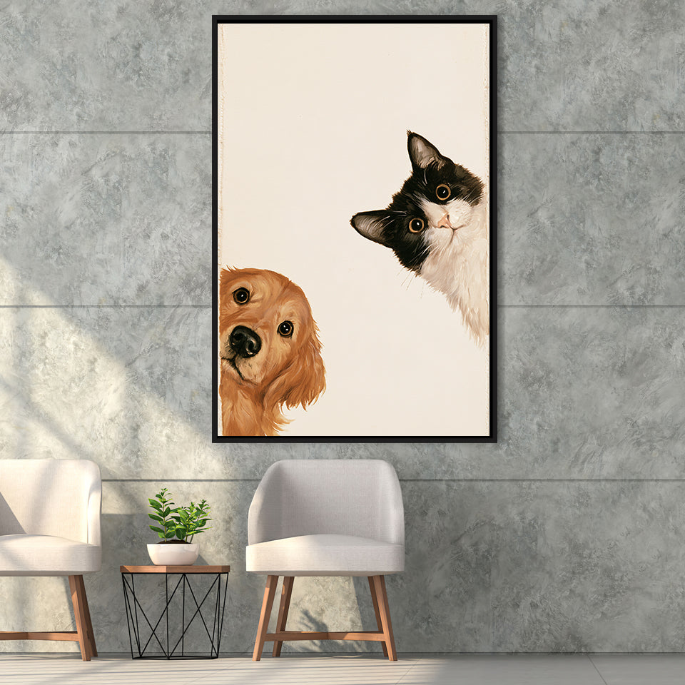 Golden Retriever And Cat Funny Portrait Art, Pet Lover Painting Art, Kid Room Decor, Framed Canvas Print, Floating Frame