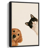 Golden Retriever And Cat Funny Portrait Art, Pet Lover Painting Art, Kid Room Decor, Framed Canvas Print, Floating Frame