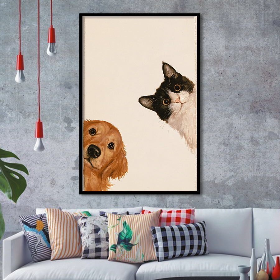 Golden Retriever And Cat Funny Portrait Art, Pet Lover Painting Art, Kid Room Decor, Framed Art Print, Fine Art Wall Decor