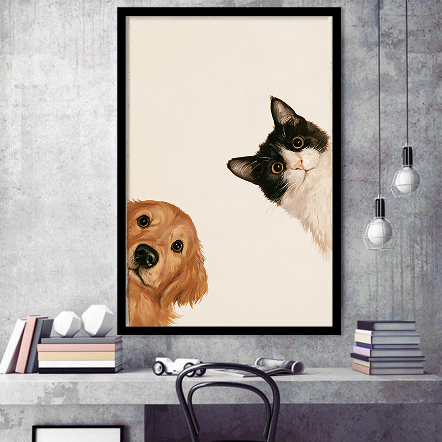 Golden Retriever And Cat Funny Portrait Art, Pet Lover Painting Art, Kid Room Decor, Framed Art Print, Fine Art Wall Decor