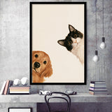 Golden Retriever And Cat Funny Portrait Art, Pet Lover Painting Art, Kid Room Decor, Framed Art Print, Fine Art Wall Decor