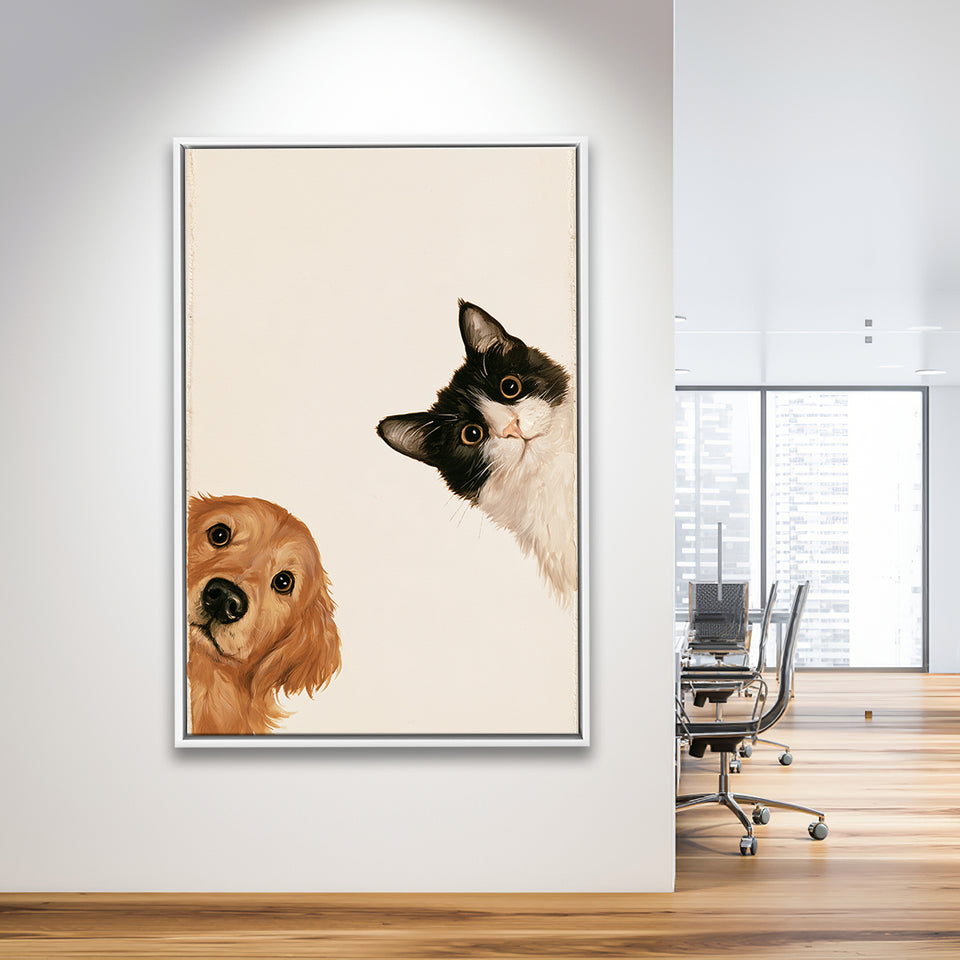 Golden Retriever And Cat Funny Portrait Art, Pet Lover Painting Art, Kid Room Decor, Framed Canvas Print, Floating Frame