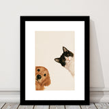 Golden Retriever And Cat Funny Portrait Art, Pet Lover Painting Art, Kid Room Decor, Framed Art Print White Border