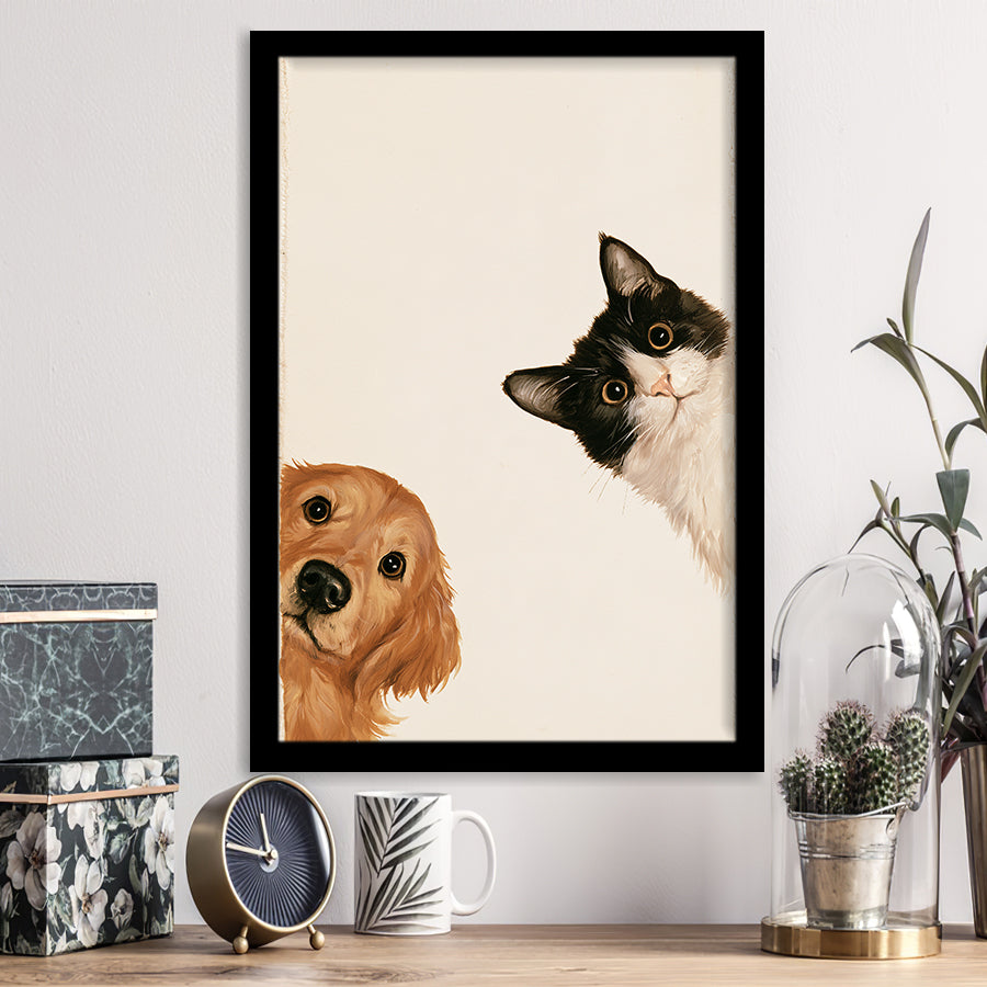 Golden Retriever And Cat Funny Portrait Art, Pet Lover Painting Art, Kid Room Decor, Framed Art Print, Fine Art Wall Decor