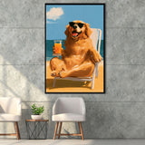 Golden Retrieve Relax Time, Summer Art, Pet Lover Art, Vintage Painting, Framed Canvas Print, Floating Frame