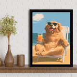 Golden Retrieve Relax Time, Summer Art, Pet Lover Art, Vintage Painting, Framed Canvas Print, Floating Frame