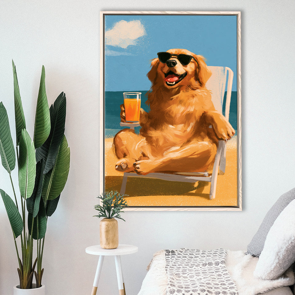 Golden Retrieve Relax Time, Summer Art, Pet Lover Art, Vintage Painting, Framed Canvas Print, Floating Frame