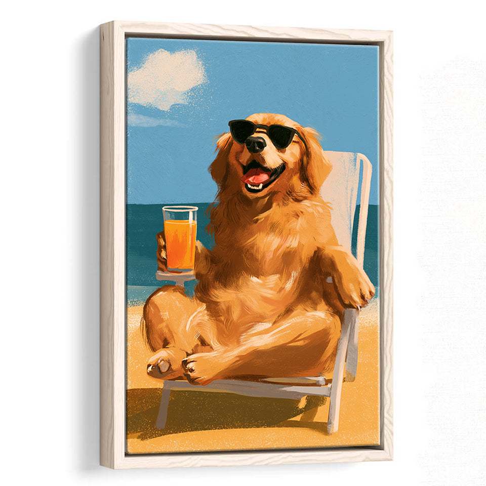Golden Retrieve Relax Time, Summer Art, Pet Lover Art, Vintage Painting, Framed Canvas Print, Floating Frame