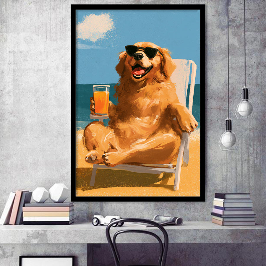 Golden Retrieve Relax Time, Summer Art, Pet Lover Art, Vintage Painting, Framed Art Print, Fine Art Wall Decor