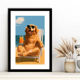 Golden Retrieve Relax Time, Summer Art, Pet Lover Art, Vintage Painting, Framed Art Print White Border
