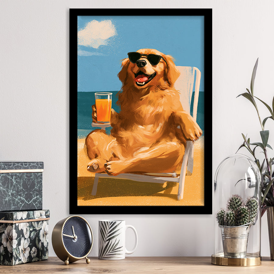 Golden Retrieve Relax Time, Summer Art, Pet Lover Art, Vintage Painting, Framed Art Print, Fine Art Wall Decor