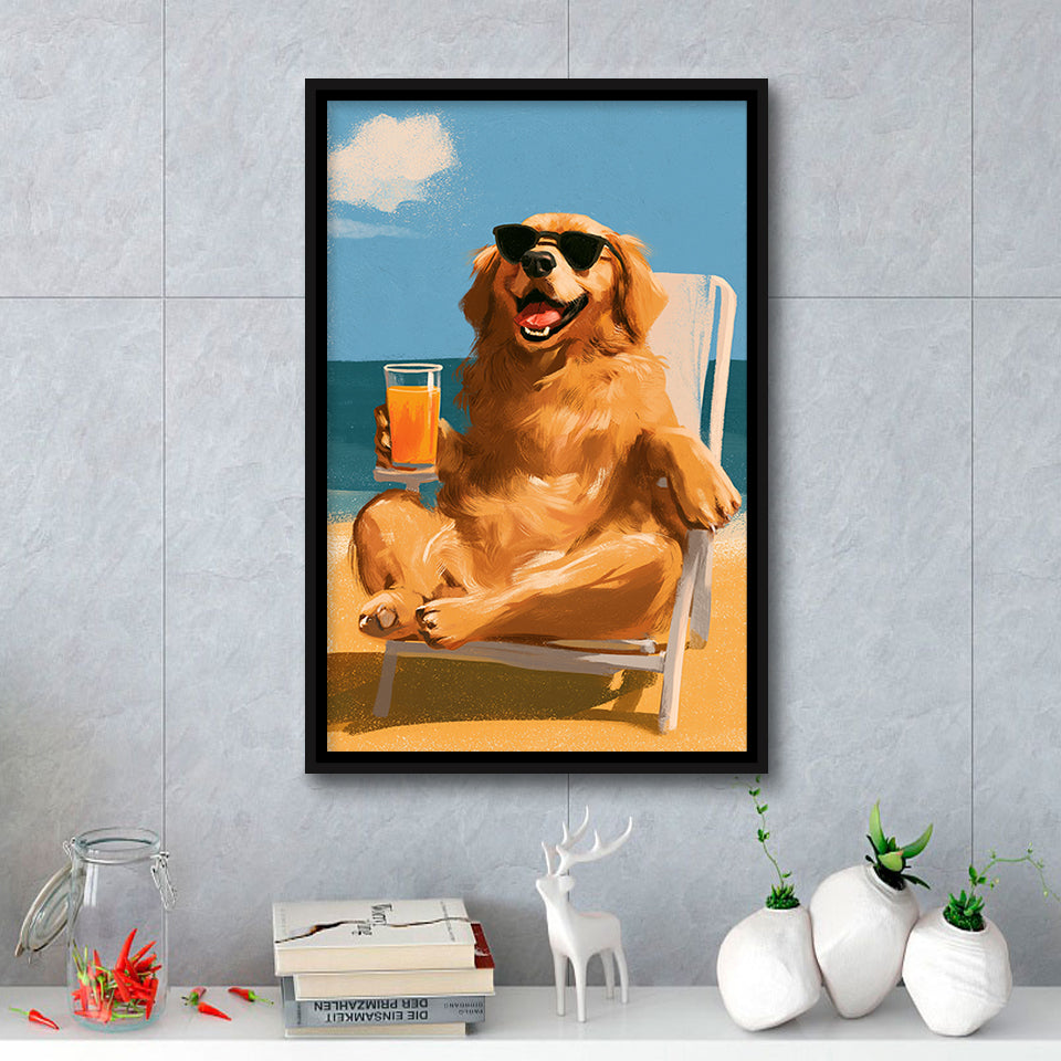 Golden Retrieve Relax Time, Summer Art, Pet Lover Art, Vintage Painting, Framed Canvas Print, Floating Frame