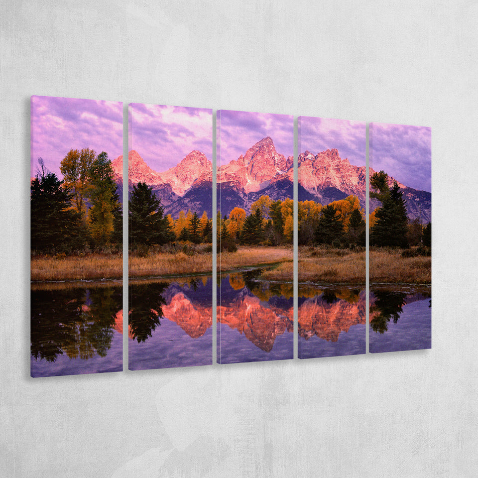 Grand Teton Morning Reflection, Extra Large Multi 5 Panel Canvas Print Wall Art Decor
