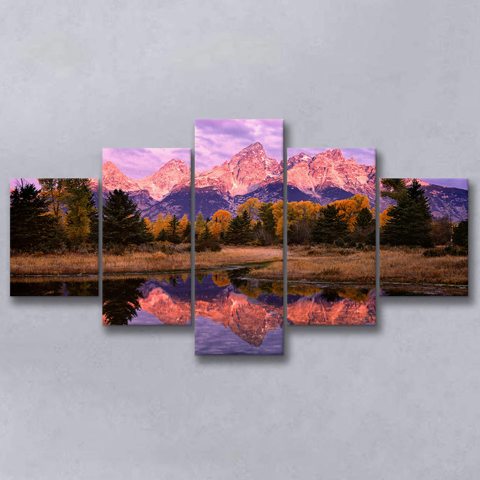 Grand Teton Morning Reflection, Multi Panel Canvas Print Wall Art Decor, 5 Mixed Panel
