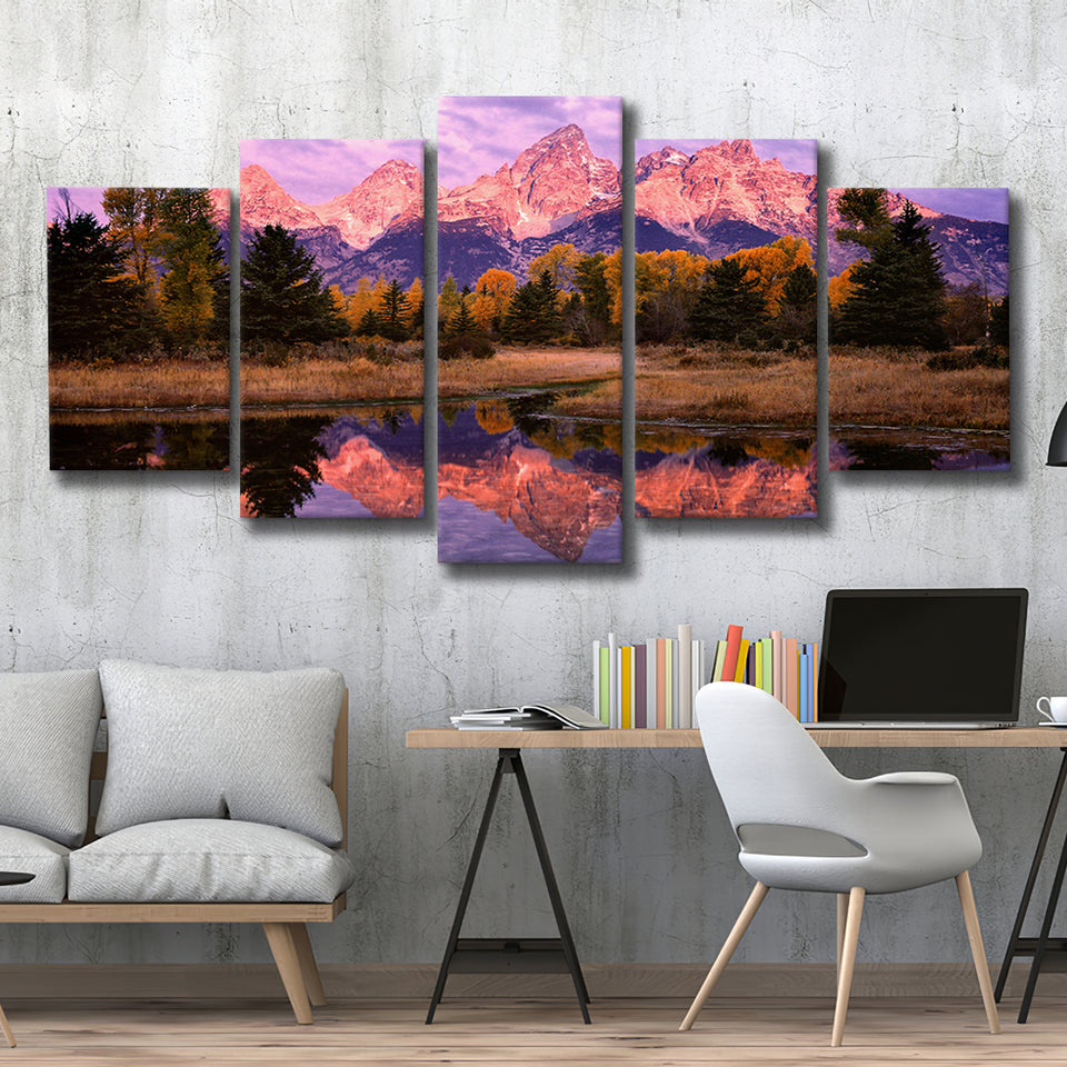 Grand Teton Morning Reflection, Multi Panel Canvas Print Wall Art Decor, 5 Mixed Panel