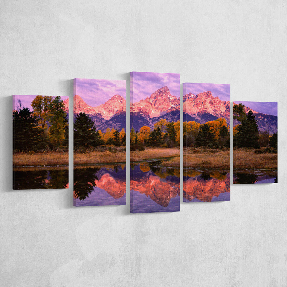 Grand Teton Morning Reflection, Multi Panel Canvas Print Wall Art Decor, 5 Mixed Panel
