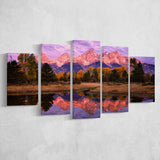 Grand Teton Morning Reflection, Multi Panel Canvas Print Wall Art Decor, 5 Mixed Panel