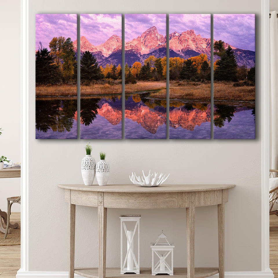 Grand Teton Morning Reflection, Extra Large Multi 5 Panel Canvas Print Wall Art Decor
