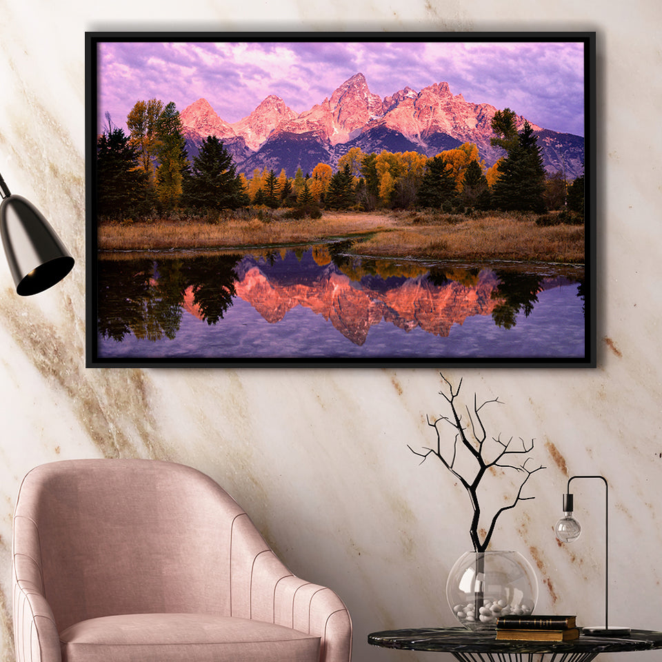Grand Teton Morning Reflection, Framed Canvas Print Wall Art Decor,Floating Frame