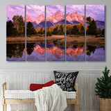 Grand Teton Morning Reflection, Extra Large Multi 5 Panel Canvas Print Wall Art Decor