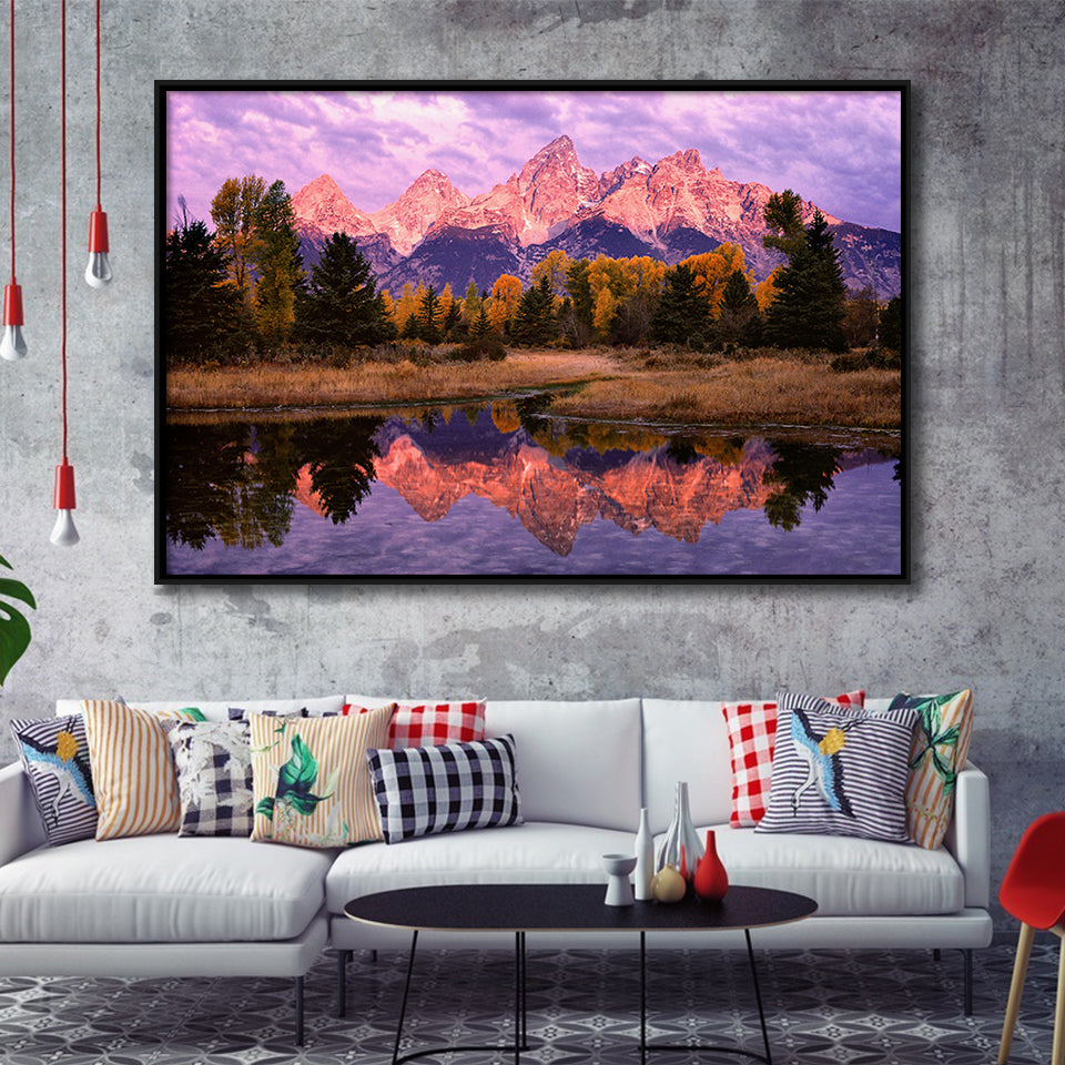Grand Teton Morning Reflection, Framed Canvas Print Wall Art Decor,Floating Frame